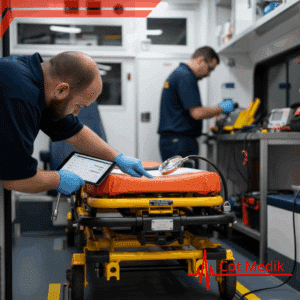 Two paramedics check equipment and a tablet near a stretcher inside an ambulance. Cot Medik logo is visible.